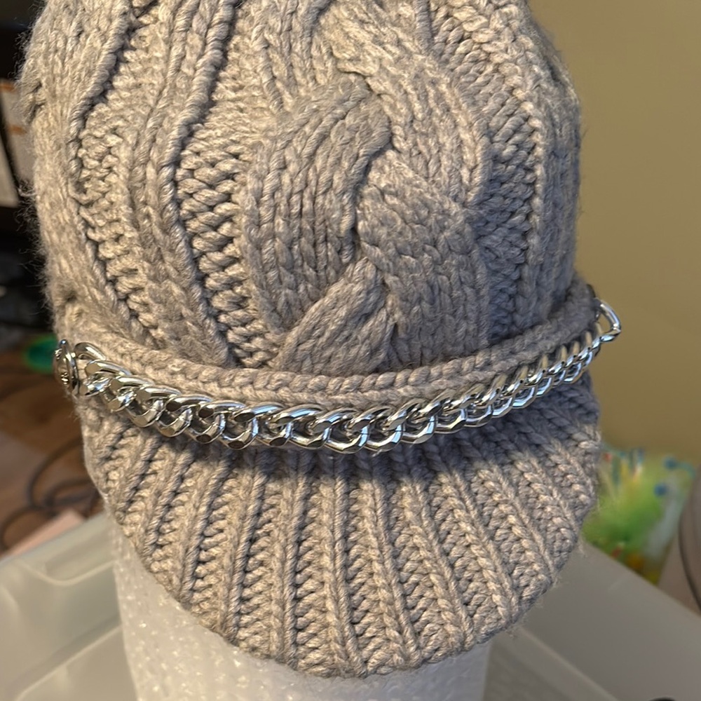 Michael Kors Brim Cable Knit Cap with Chain Accent